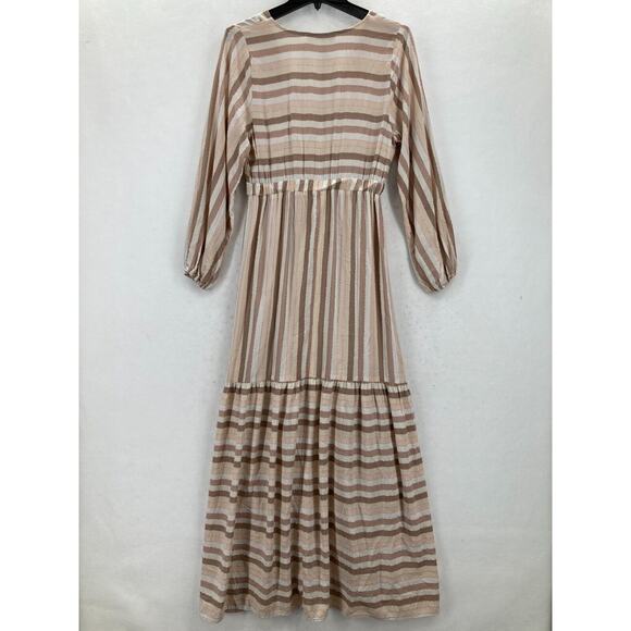 Self Contrast Sophia Stripe Maxi Dress Small Beige Brown Prairie Babydoll Boho - Picture 15 of 16